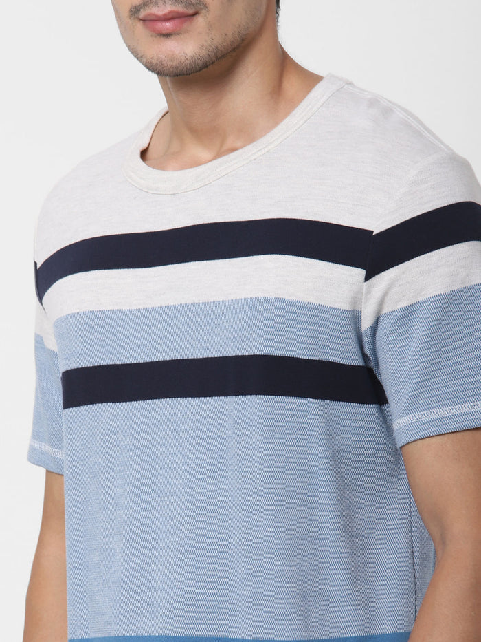 Blue Colourblocked Crew Neck T-Shirt