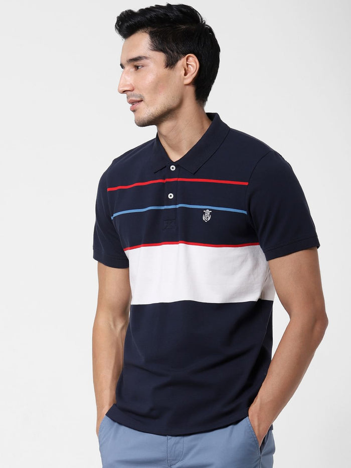 Blue Colourblocked Polo Neck T-Shirt