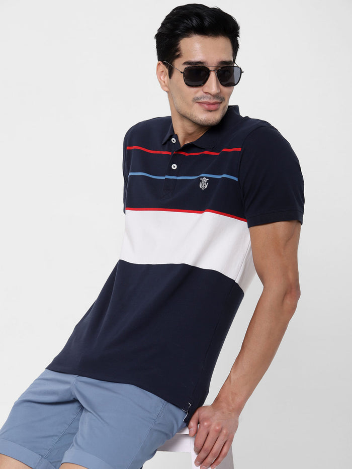 Blue Colourblocked Polo Neck T-Shirt