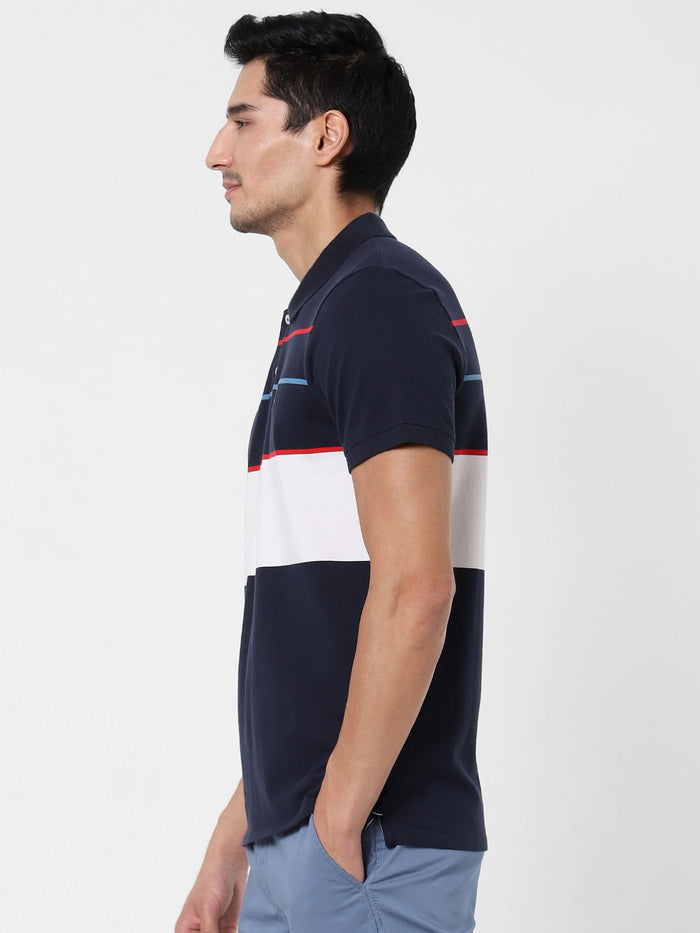 Blue Colourblocked Polo Neck T-Shirt