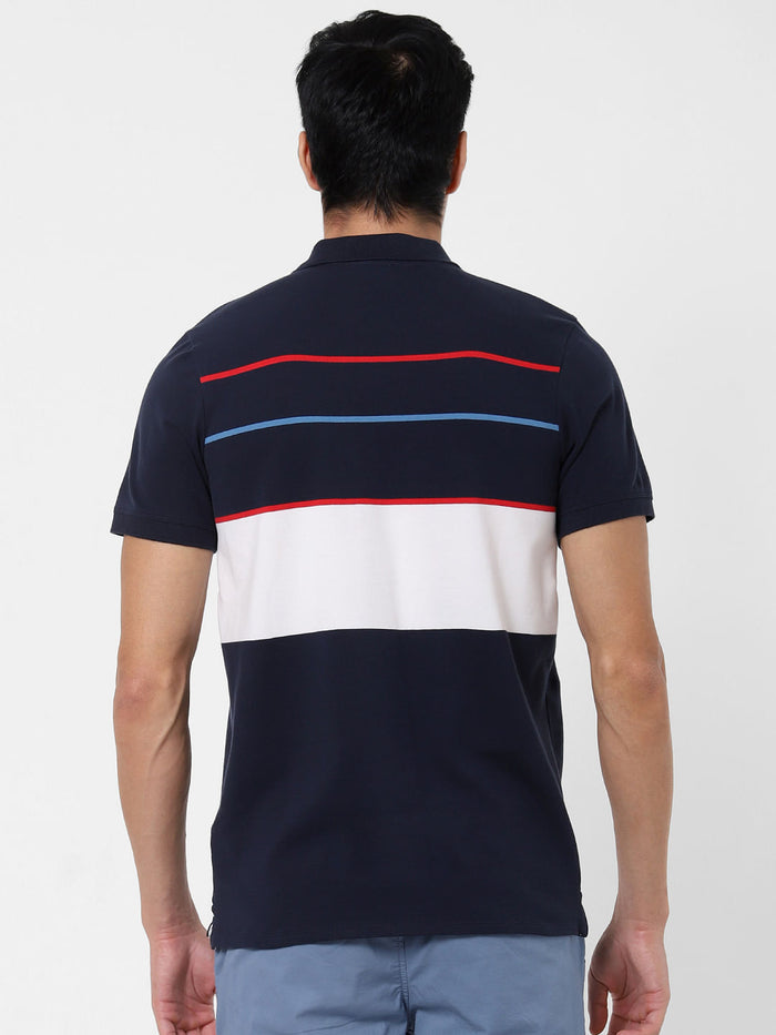 Blue Colourblocked Polo Neck T-Shirt
