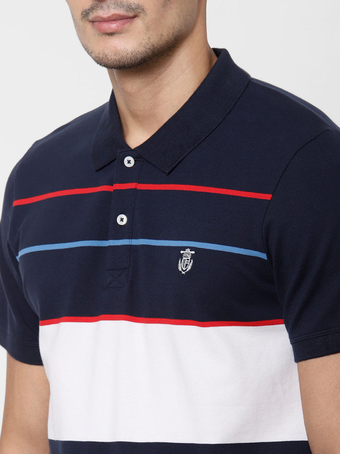 Blue Colourblocked Polo Neck T-Shirt