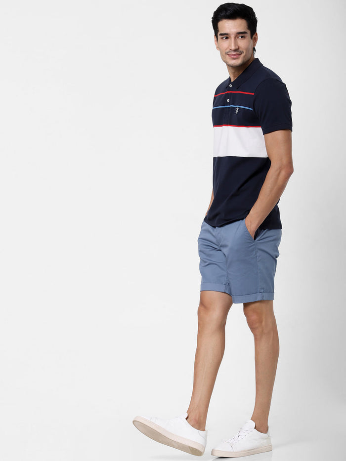 Blue Colourblocked Polo Neck T-Shirt