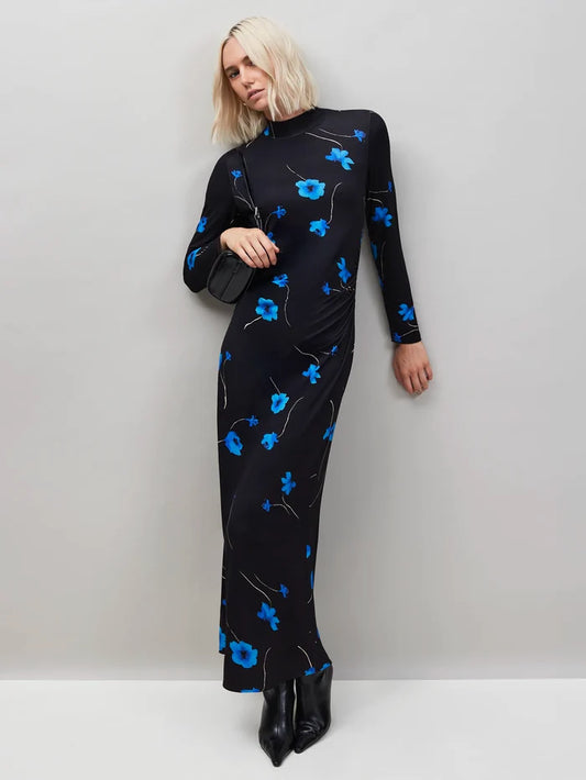 Blue Floral Print Jersey Dress