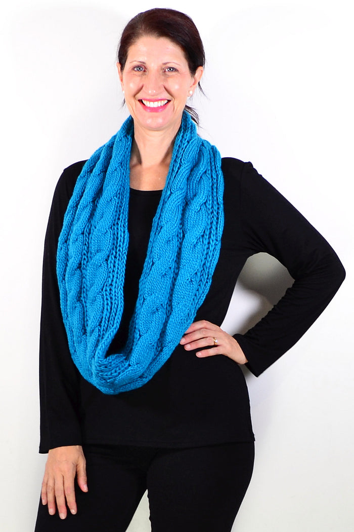 Blue infinity snood scarf from I Love Tunics, featuring a cozy, circular design perfect for stylish winter wear.