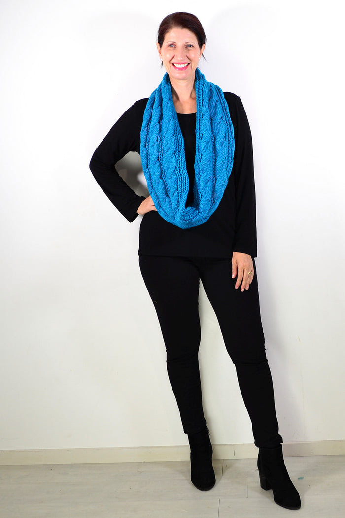Blue infinity snood scarf from I Love Tunics, featuring a seamless loop design and soft, cozy fabric for stylish warmth.