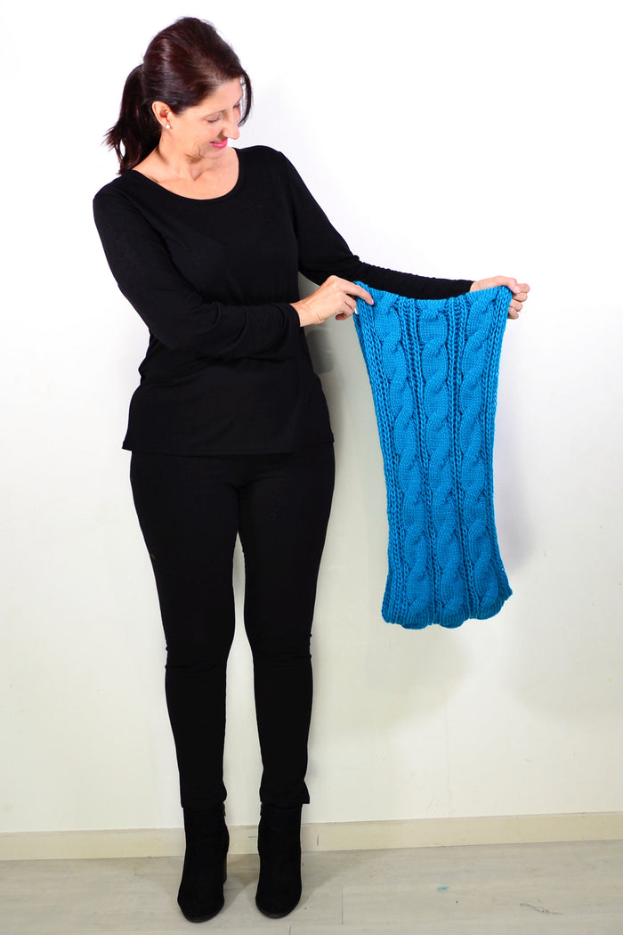 Blue infinity snood scarf by I Love Tunics, showcasing its soft, seamless loop design perfect for cozy winter wear.