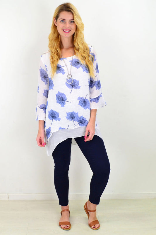 Blue Maple Leaf layered tunic top by Caroline Morgan, featuring a flowy design with leaf patterns and a relaxed fit.