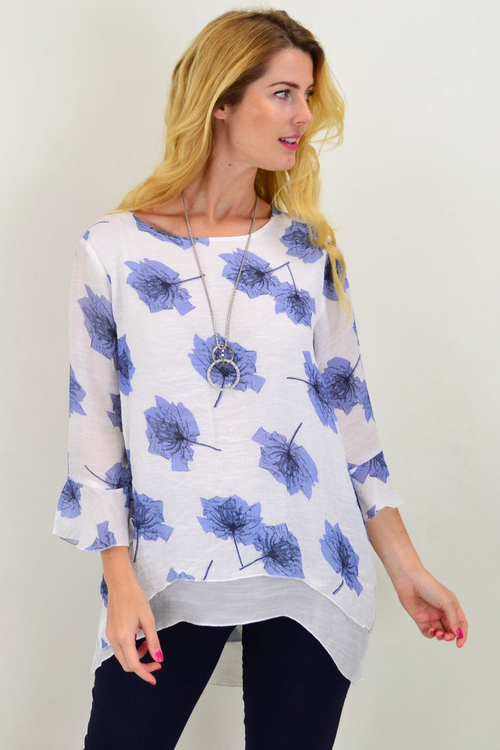 Blue Maple Leaf layered tunic top by Caroline Morgan featuring a flowy design and vibrant leaf pattern.