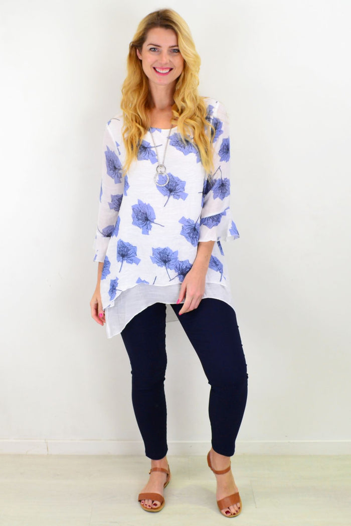 Blue maple leaf layered tunic top by Caroline Morgan, featuring a flowy design and vibrant leaf pattern.