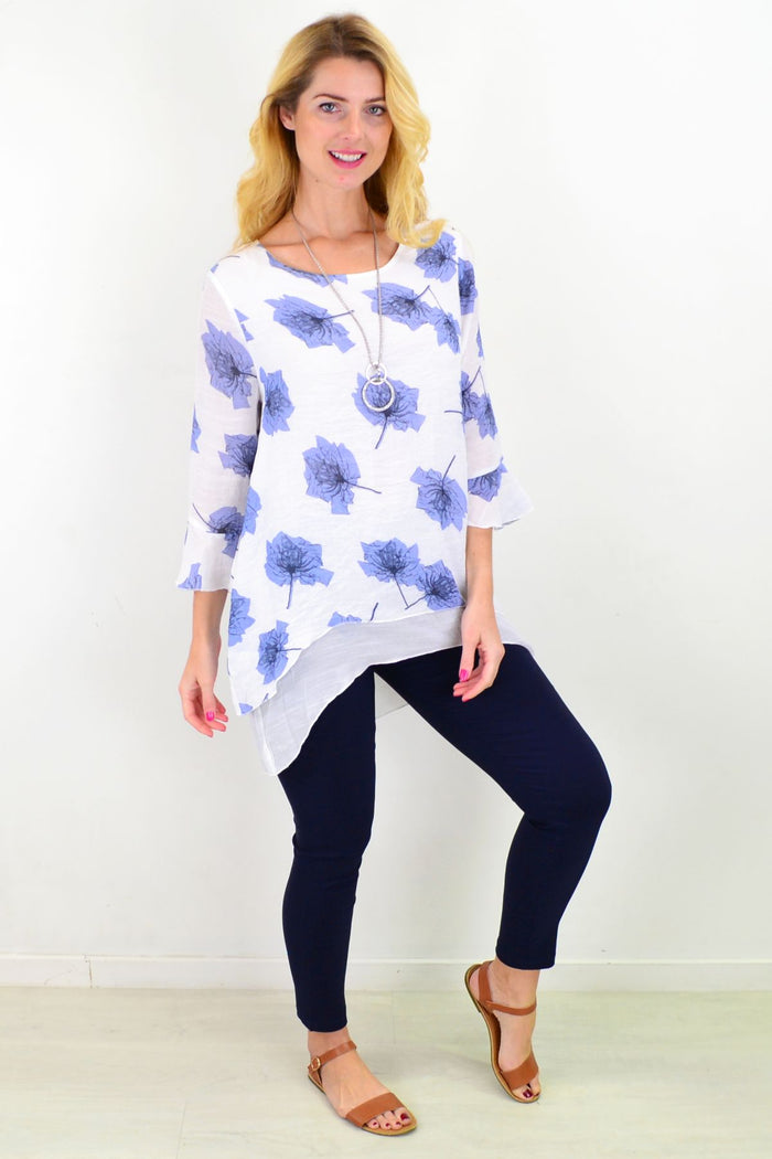 Blue Maple Leaf layered tunic top by Caroline Morgan, featuring a flowy design with leaf print details and long sleeves.