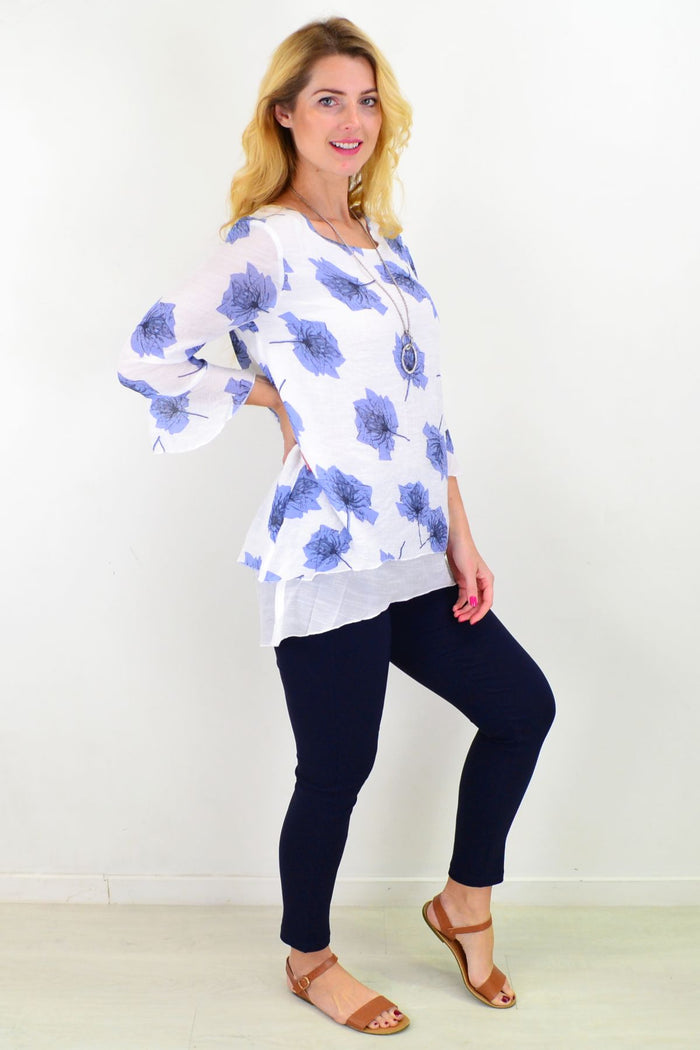 Blue Maple Leaf layered tunic top by Caroline Morgan, featuring a flowy design with leaf patterns and long sleeves.