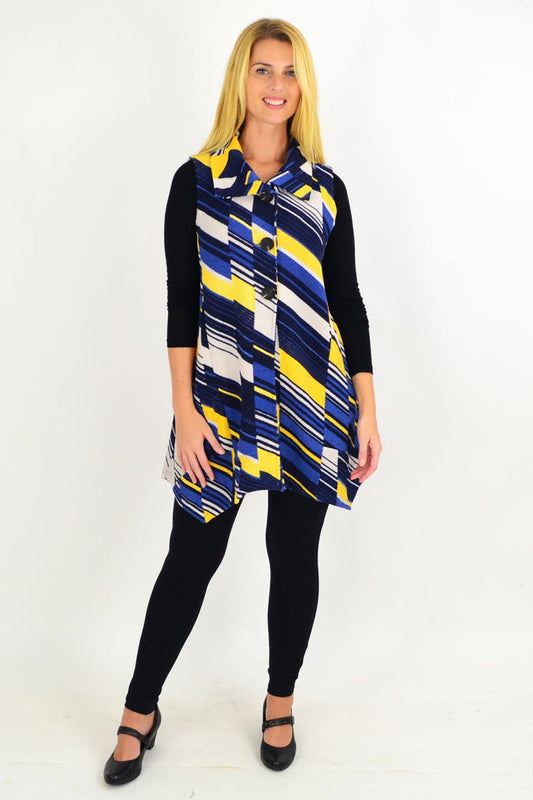 Blue sleeveless swing tunic vest by Whispers, featuring a button-up design and vibrant yellow accents, displayed on a hanger.