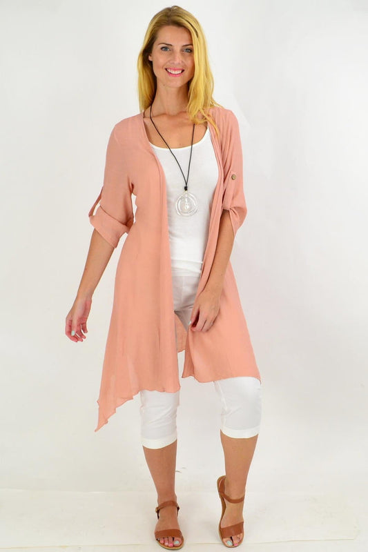 LA Mode blush long summer cardigan, lightweight outerwear with a relaxed fit, perfect for warm weather and casual wear.