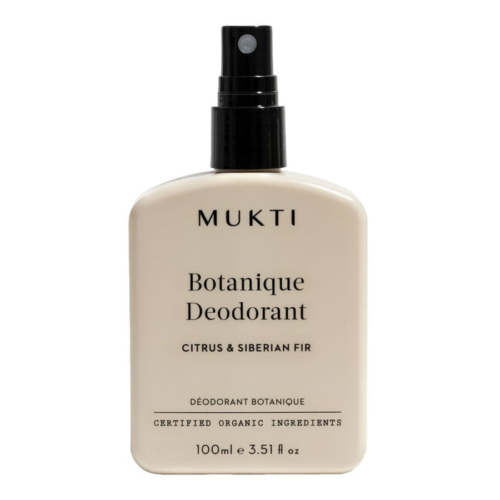 MUKTI Botanique Deodorant - Citrus & Siberian Fir 100ml spray bottle on a white background.