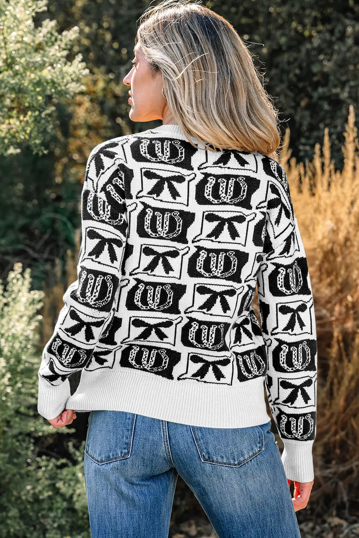 Bows & Horseshoes Pattern Western Fashion Print Sweater – Black