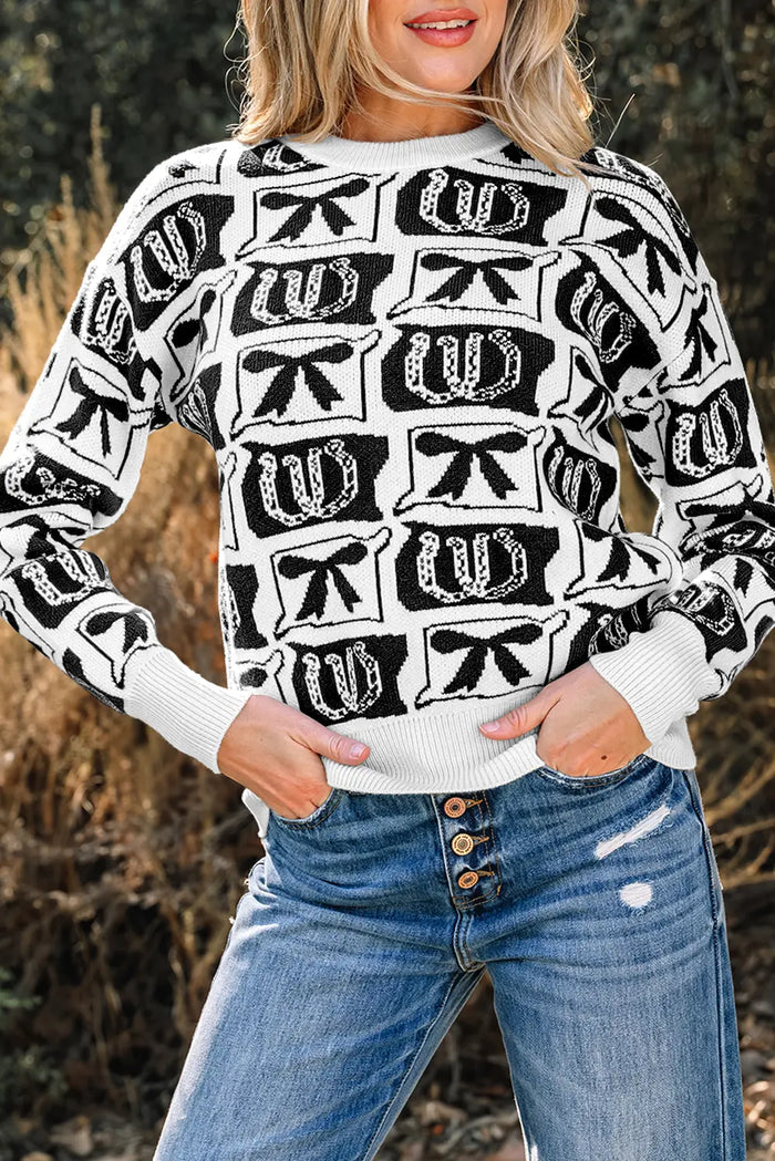 Bows & Horseshoes Pattern Western Fashion Print Sweater – Black