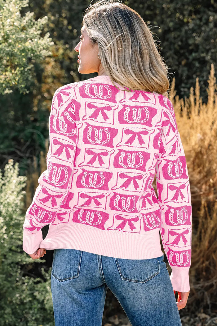 Bows & Horseshoes Pattern Western Fashion Print Sweater – Black
