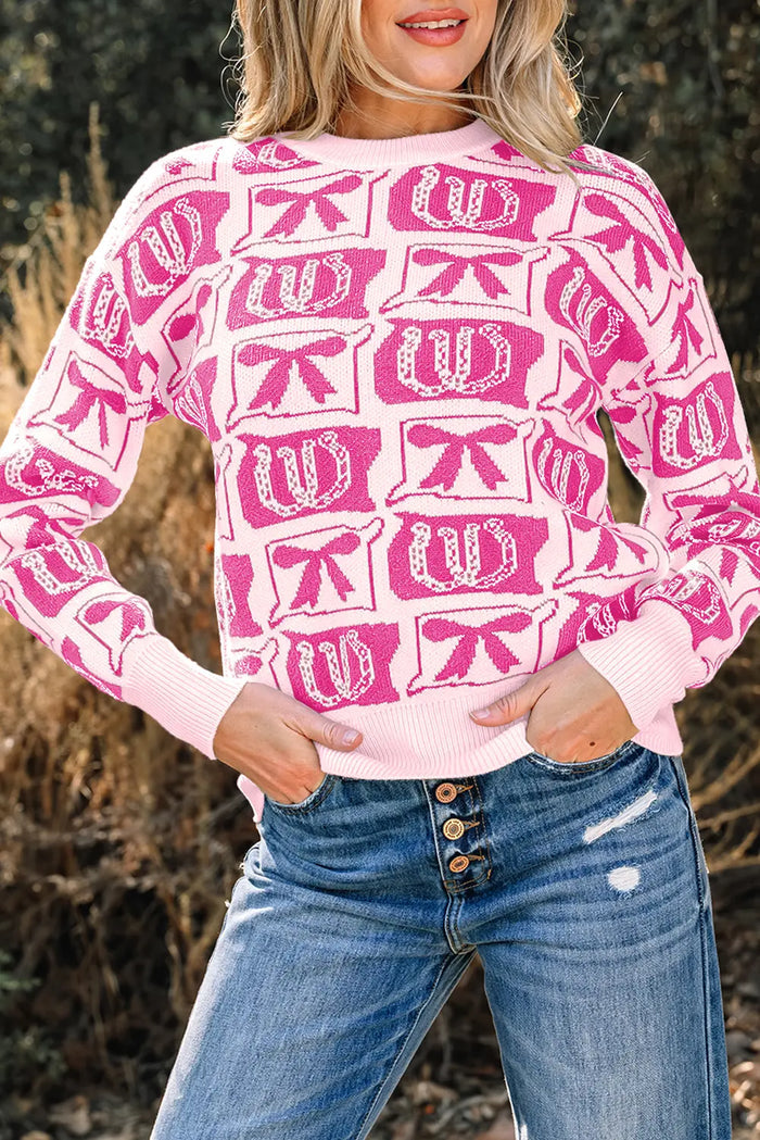 Bows & Horseshoes Pattern Western Fashion Print Sweater – Black