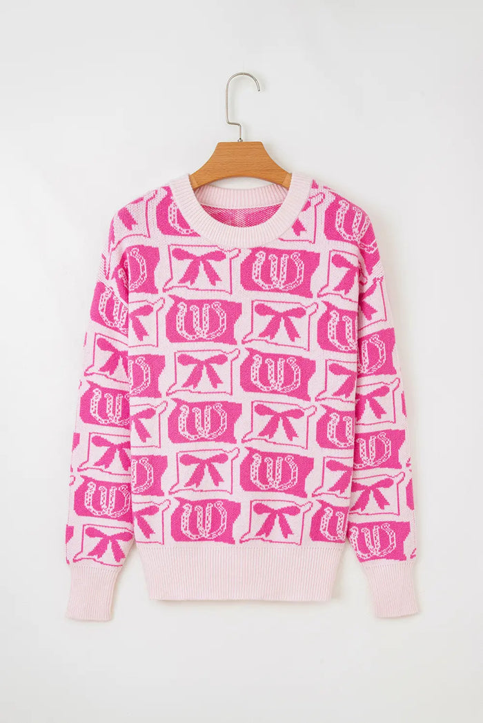 Bows & Horseshoes Pattern Western Fashion Print Sweater – Black