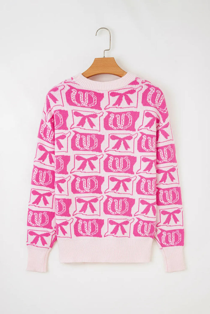 Bows & Horseshoes Pattern Western Fashion Print Sweater – Black