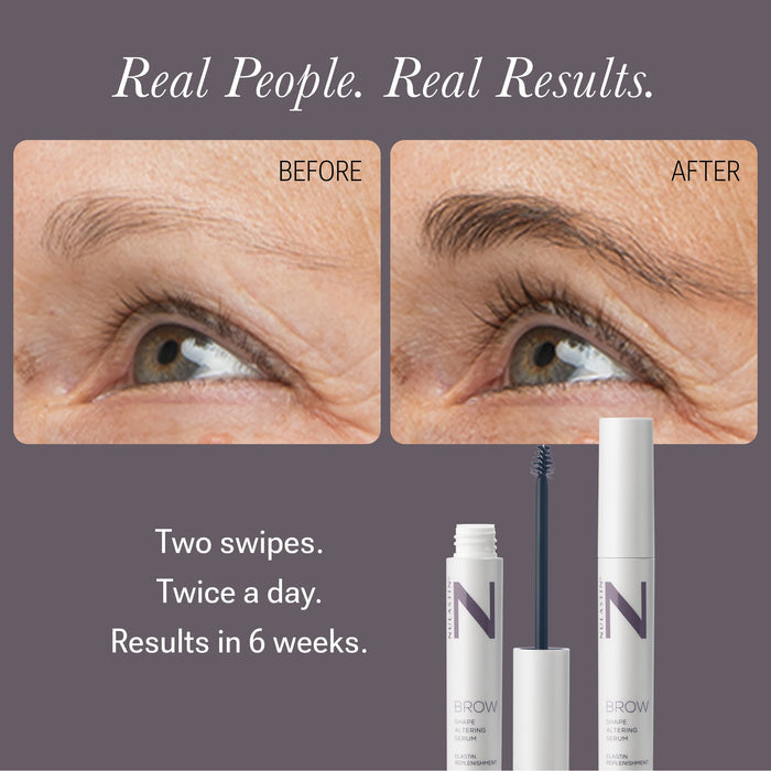 Front view of Brow Shape Altering Serum tube showing slim metallic packaging and angled brush applicator on white background