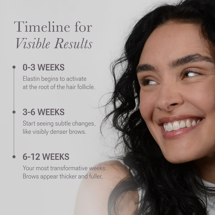 Timeline of eyebrow results: 0–3 weeks elastin activates; 3–6 weeks subtle denser brows; 6–12 weeks thicker, fuller brows
