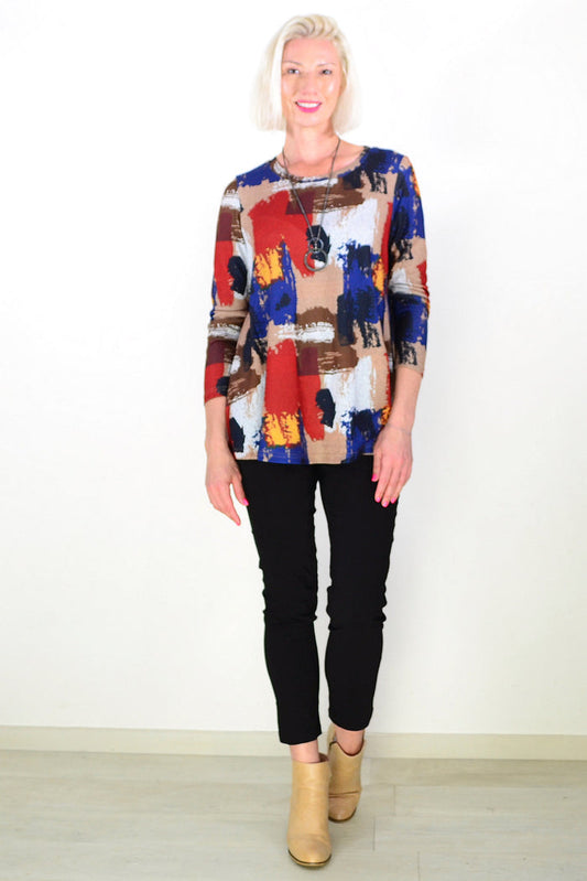 Brown Blue Red Paint Splash Tunic Top