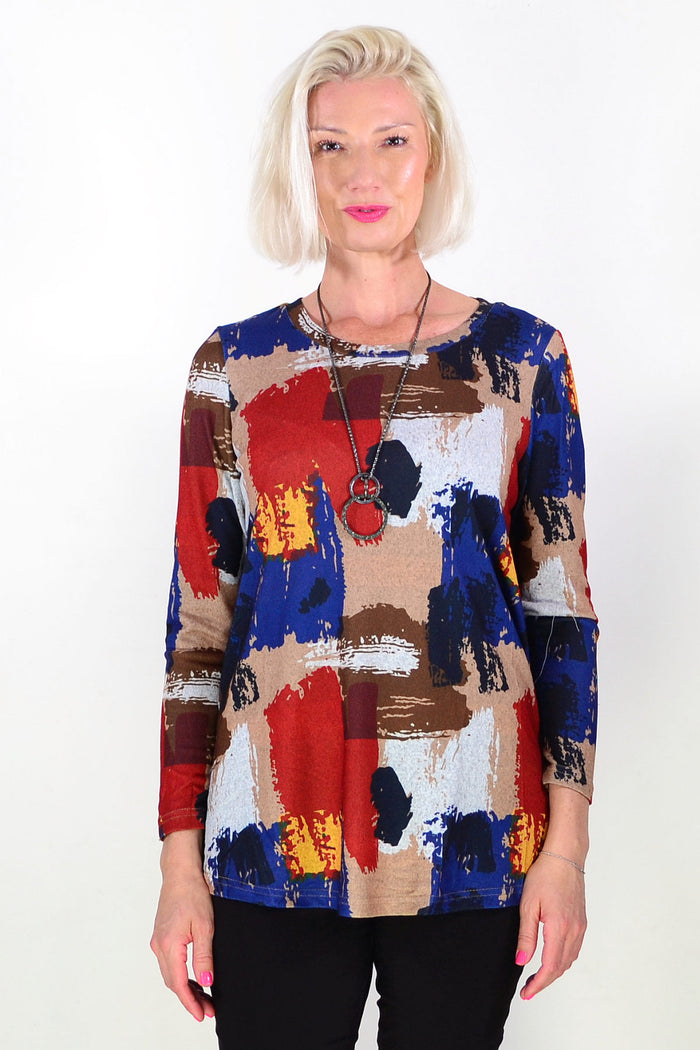 Brown Blue Red Paint Splash Tunic Top