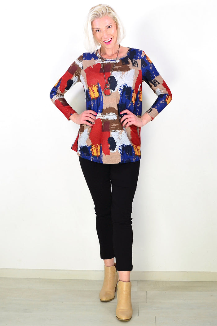 Brown Blue Red Paint Splash Tunic Top