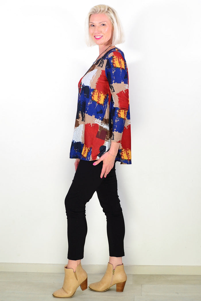 Brown Blue Red Paint Splash Tunic Top
