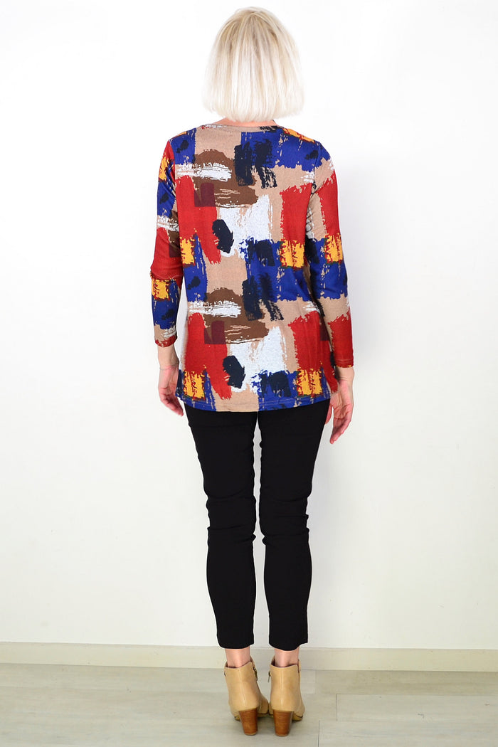 Brown Blue Red Paint Splash Tunic Top