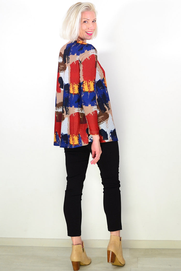 Brown Blue Red Paint Splash Tunic Top