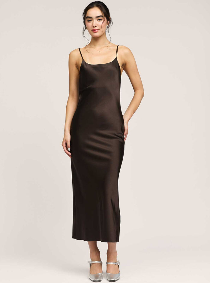 Brown Silk Cami Midi Slip Dress