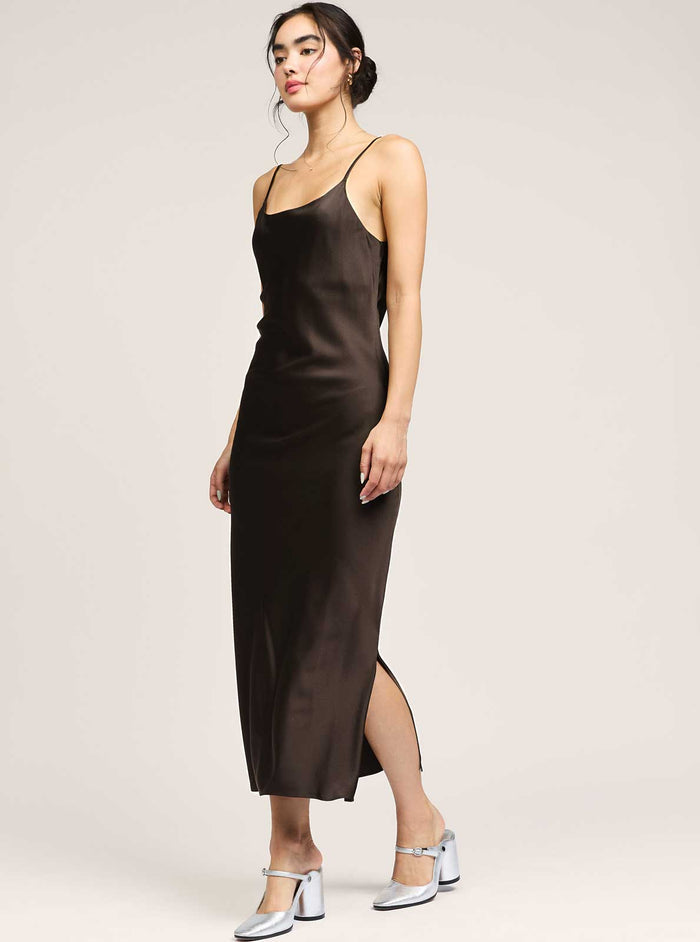 Brown Silk Cami Midi Slip Dress
