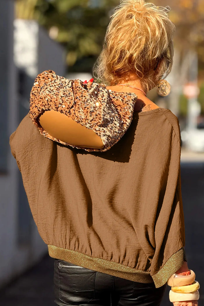 Brown V Neck Glitter Trim Patchwork Button-Front Blouse – Honey Gold