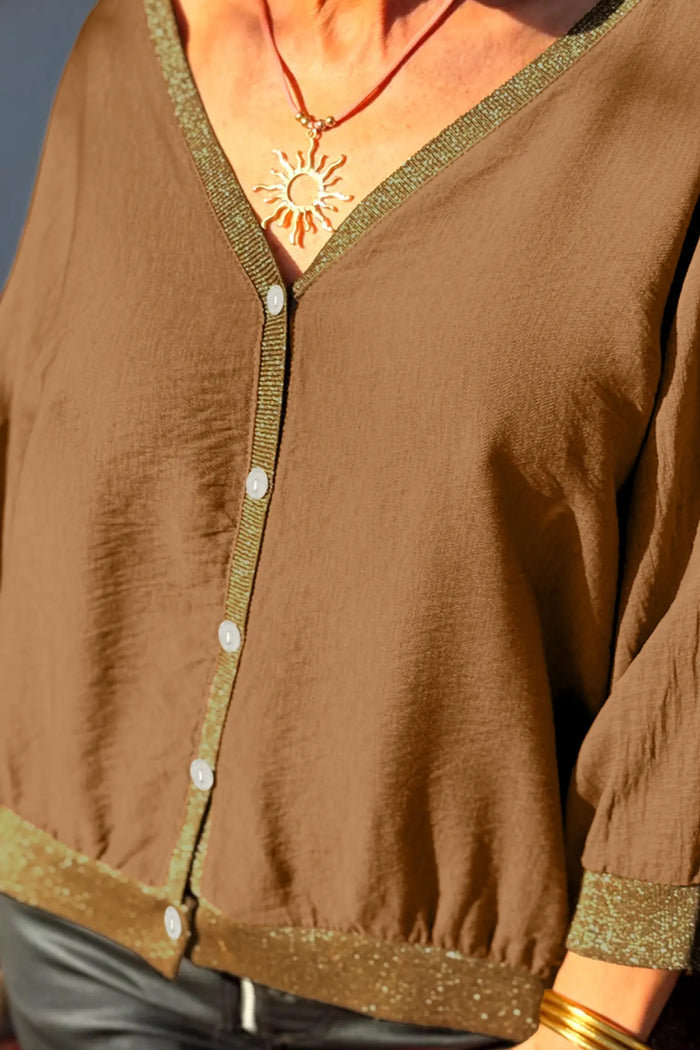 Brown V Neck Glitter Trim Patchwork Button-Front Blouse – Honey Gold