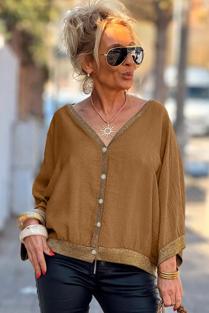 Brown V Neck Glitter Trim Patchwork Button-Front Blouse – Honey Gold