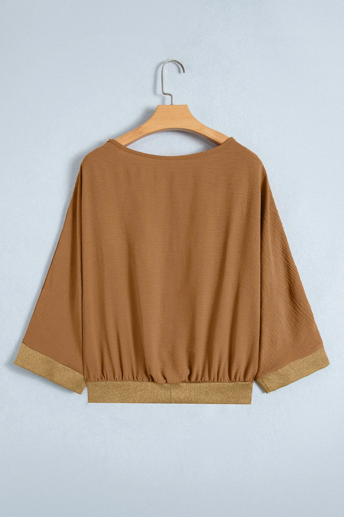 Brown V Neck Glitter Trim Patchwork Button-Front Blouse – Honey Gold