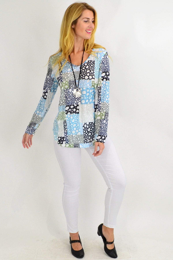 Spot-print bubble bath V-neck tunic top for women, featuring a relaxed fit and stylish design from Cafe Latte.
