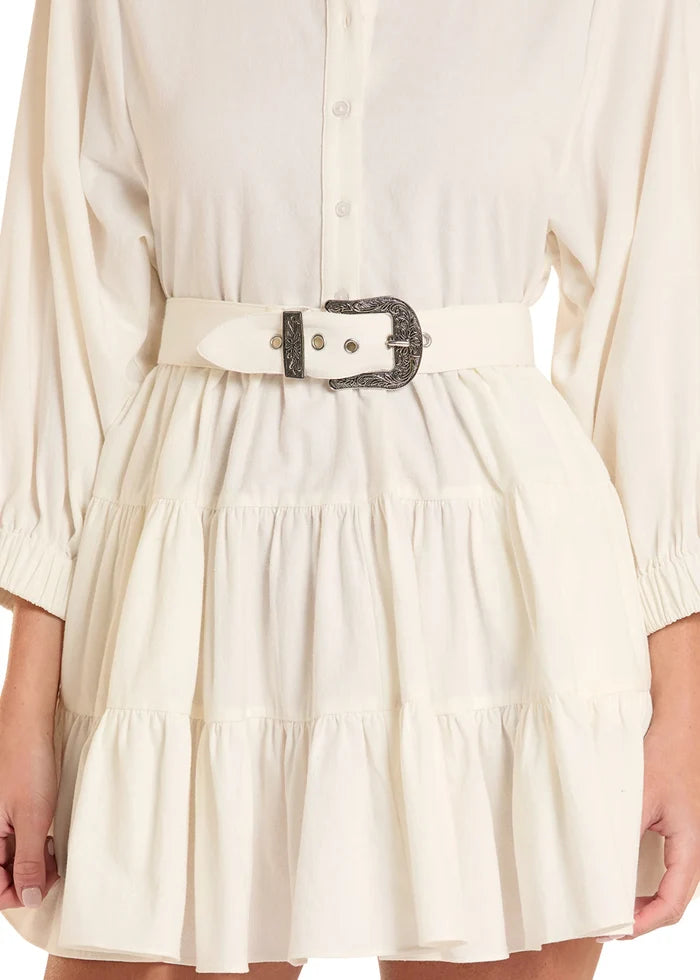 Buckle Tiered Mini Dress in White by Rock & Roll Denim