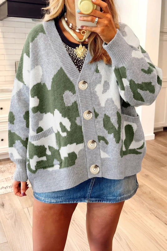 Camouflage Drop Shoulder V Neck Button Front Cardigan – Green