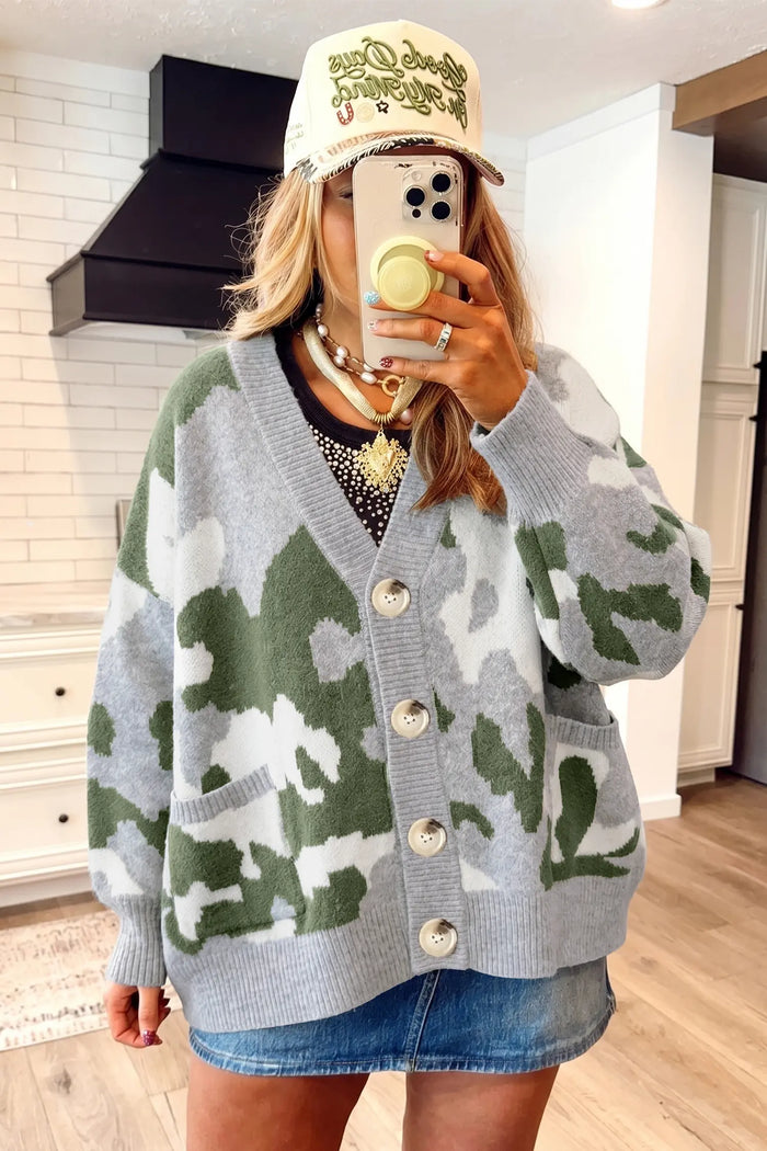 Camouflage Drop Shoulder V Neck Button Front Cardigan – Green
