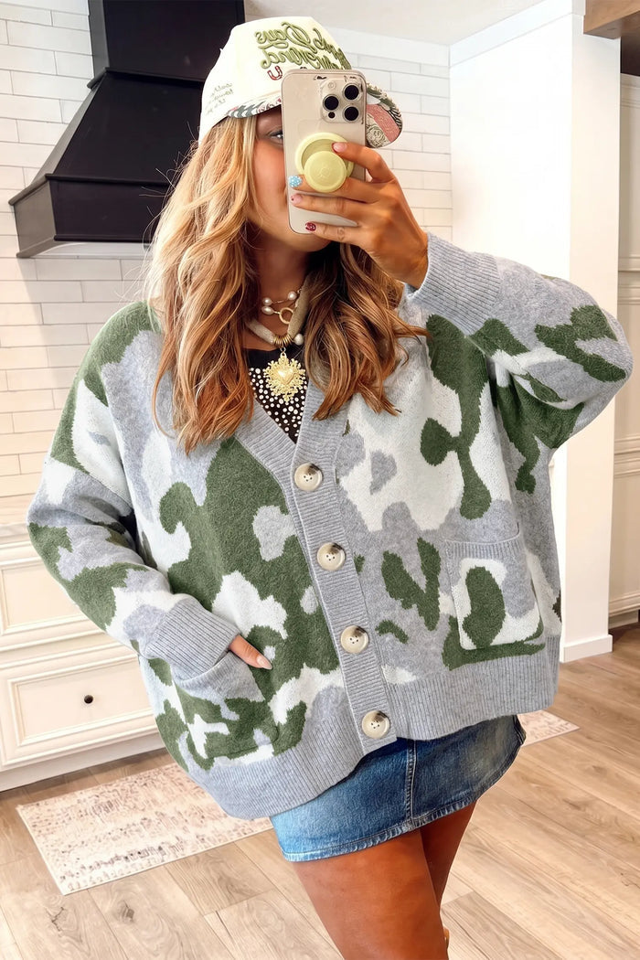 Camouflage Drop Shoulder V Neck Button Front Cardigan – Green