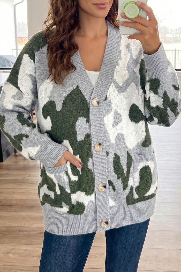 Camouflage Drop Shoulder V Neck Button Front Cardigan – Green