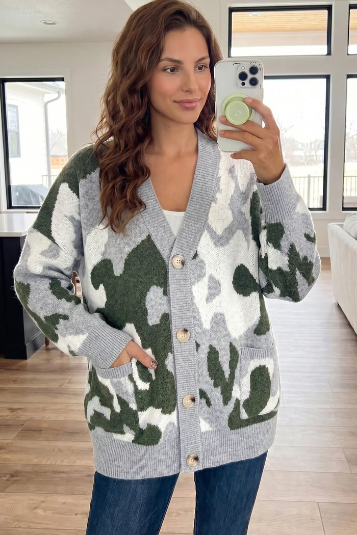 Camouflage Drop Shoulder V Neck Button Front Cardigan – Green
