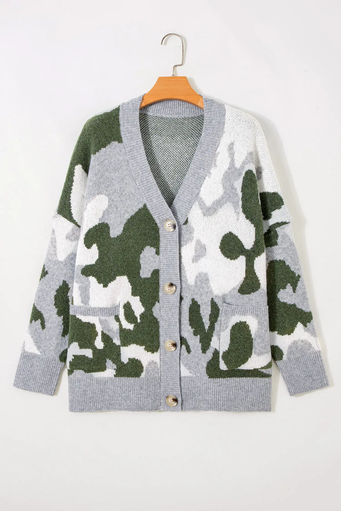 Camouflage Drop Shoulder V Neck Button Front Cardigan – Green