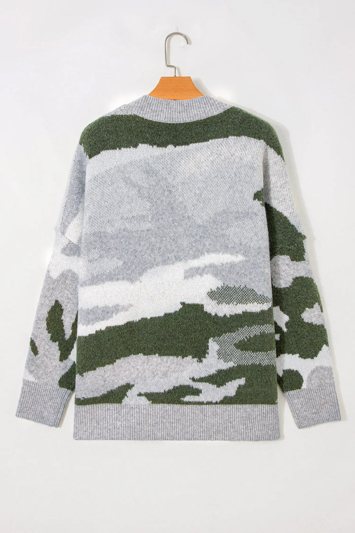 Camouflage Drop Shoulder V Neck Button Front Cardigan – Green