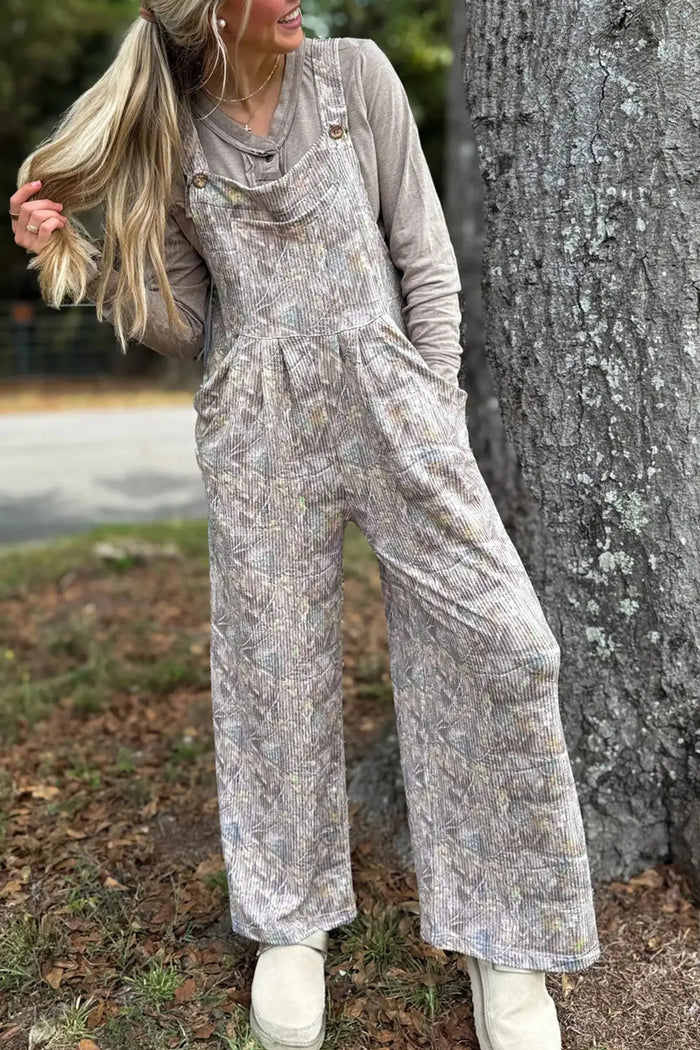 Camouflage Twist Ribbed Sleeveless Full-Length Casual Jumpsuit – Brown