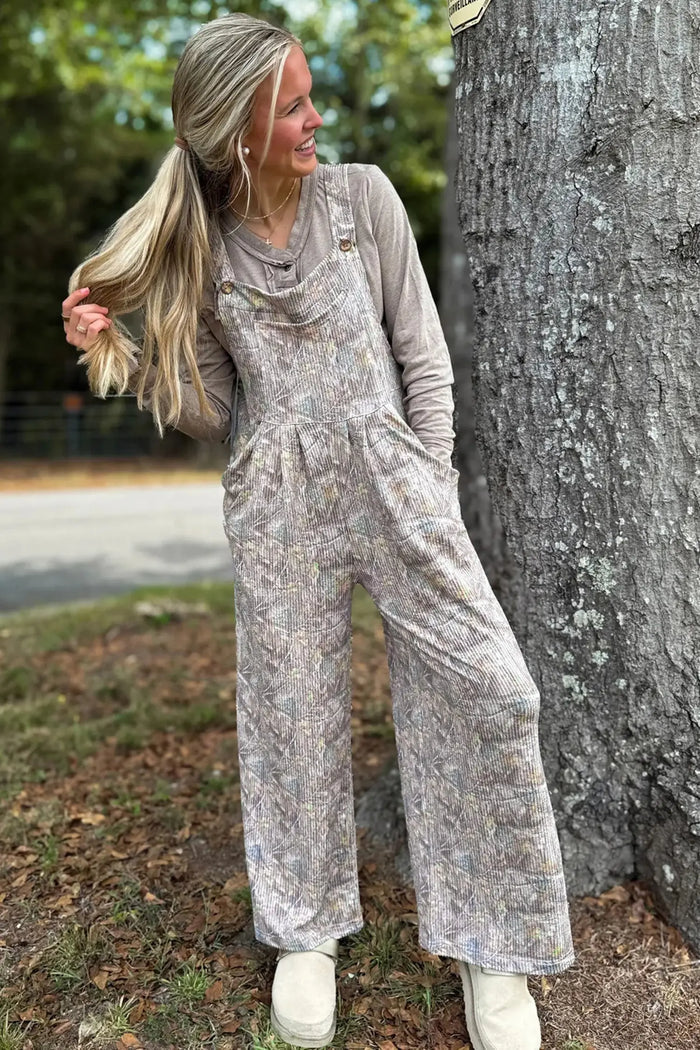 Camouflage Twist Ribbed Sleeveless Full-Length Casual Jumpsuit – Brown